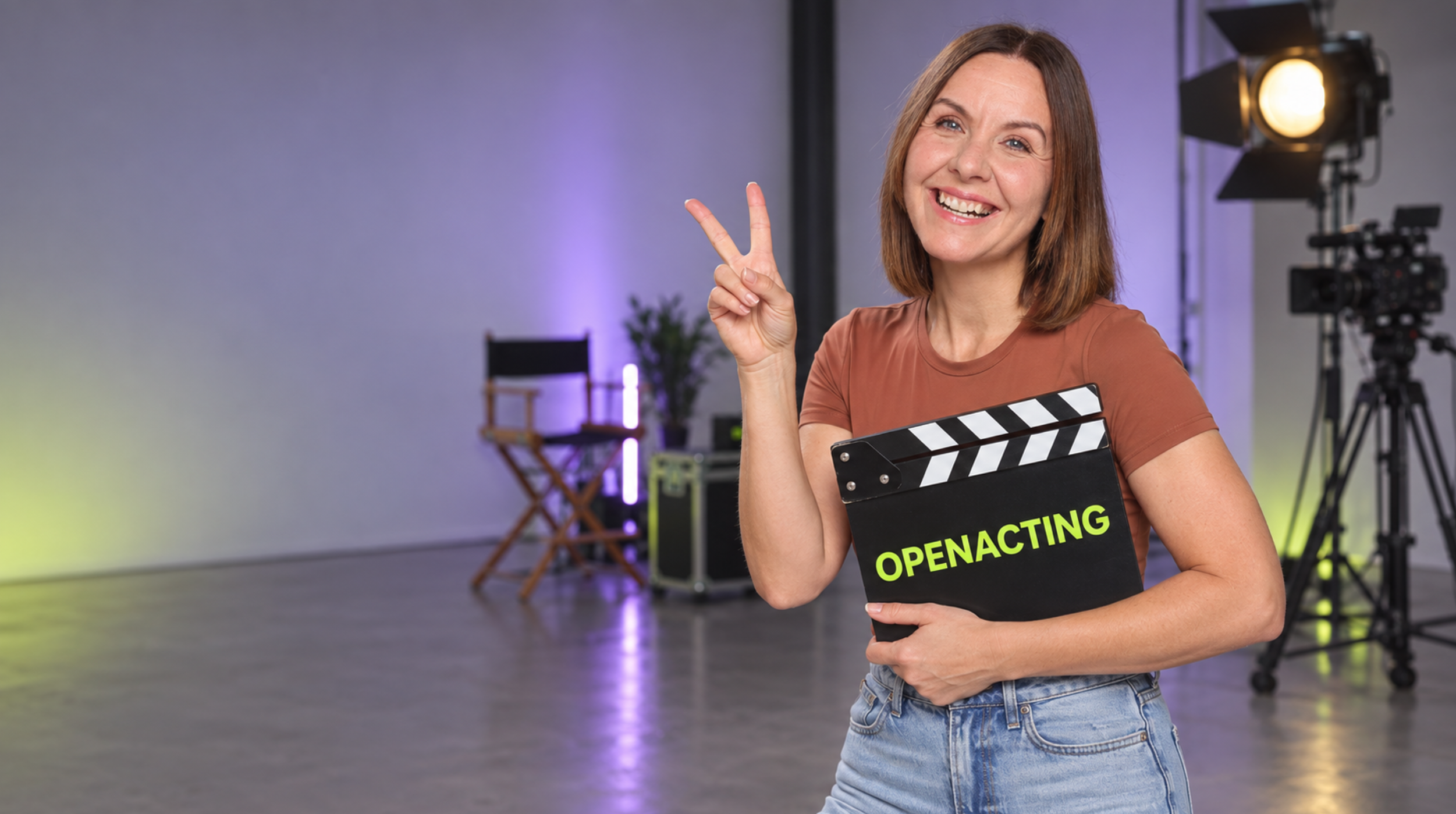 Virginia Cao sonríe con una claqueta de OpenActing en un estudio de rodaje